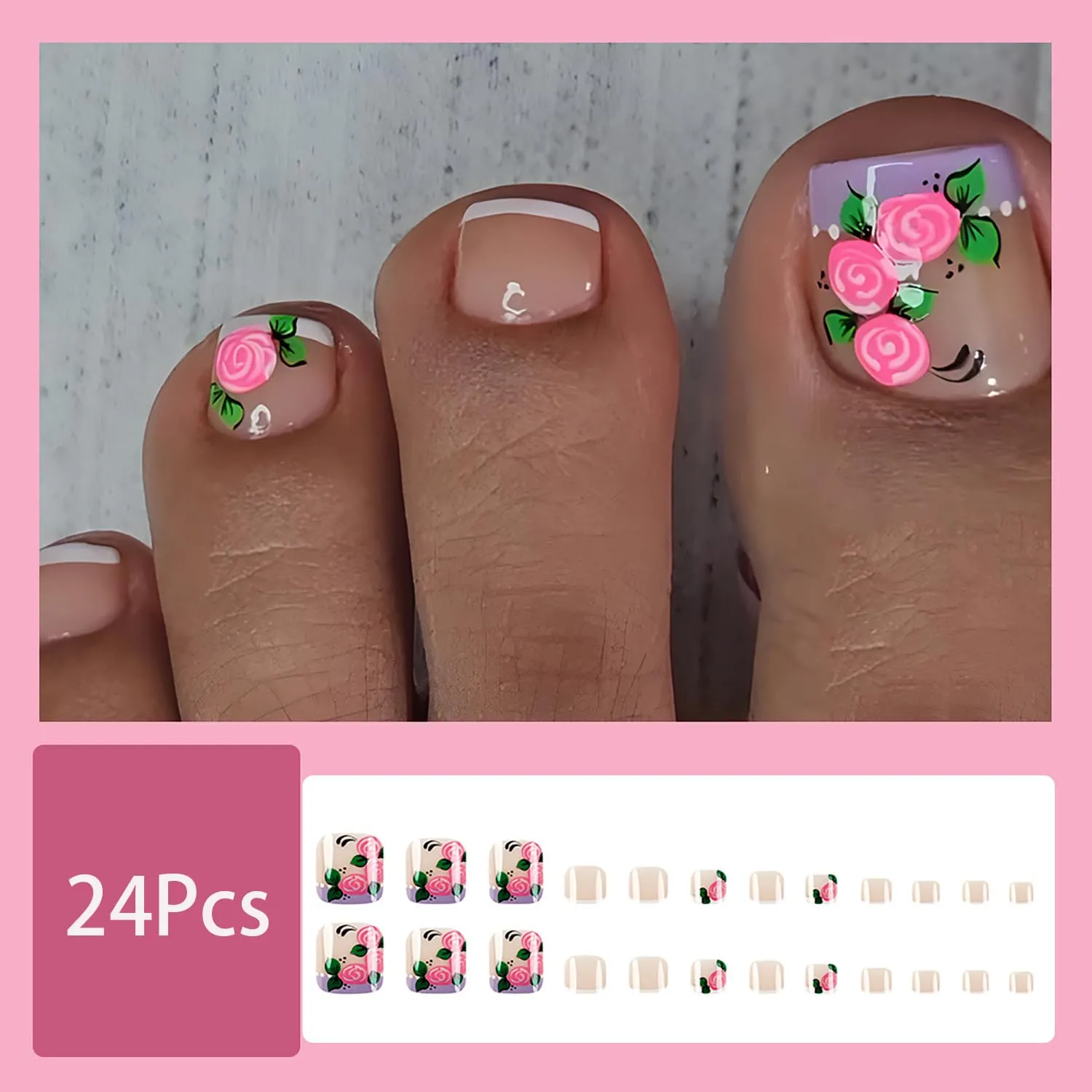 24Pcs French Tip Press on Toenails French Tip Short Square Fake Toe Nails with Pink Flower Design Summer False Toenails Big Toe Nail Press Ons Glossy Full Cover Glue on Toe Nails for Women