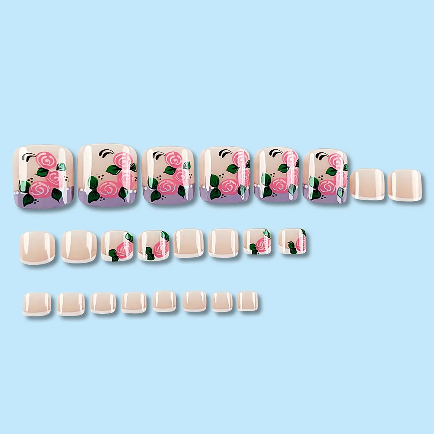24Pcs French Tip Press on Toenails French Tip Short Square Fake Toe Nails with Pink Flower Design Summer False Toenails Big Toe Nail Press Ons Glossy Full Cover Glue on Toe Nails for Women