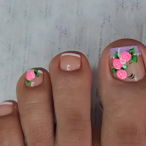 24Pcs French Tip Press on Toenails French Tip Short Square Fake Toe Nails with Pink Flower Design Summer False Toenails Big Toe Nail Press Ons Glossy Full Cover Glue on Toe Nails for Women