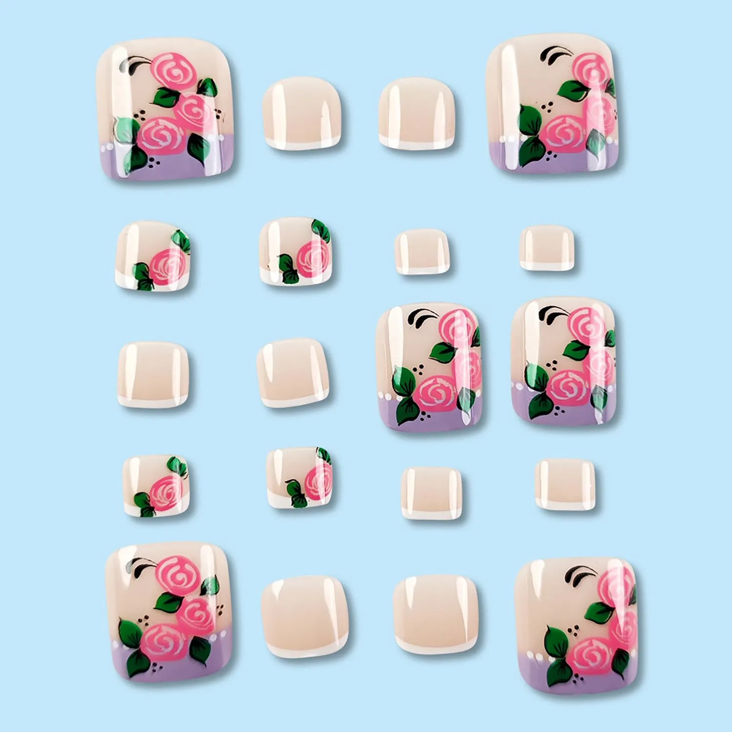 24Pcs French Tip Press on Toenails French Tip Short Square Fake Toe Nails with Pink Flower Design Summer False Toenails Big Toe Nail Press Ons Glossy Full Cover Glue on Toe Nails for Women