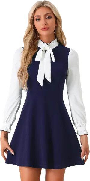 Allegra K Tie Neck Dresses for Women's 1960s Vintage Long Sleeve Contrast Color Dress