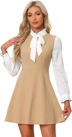 Allegra K Tie Neck Dresses for Women's 1960s Vintage Long Sleeve Contrast Color Dress