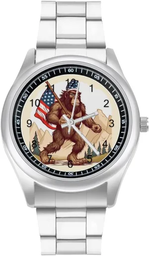 Bigfoot USA Flag Minimalist Wristwatch Business Dress Watch with Stainless Steel Band for Men Women