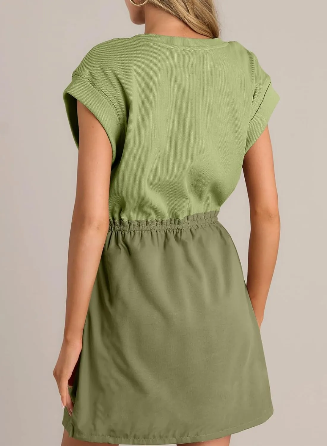 BLENCOT Womens Casual Spring Summer Drawstring Mini Dress Knit Patch Color Short Sleeve Crewneck Shirt Dress with Pockets