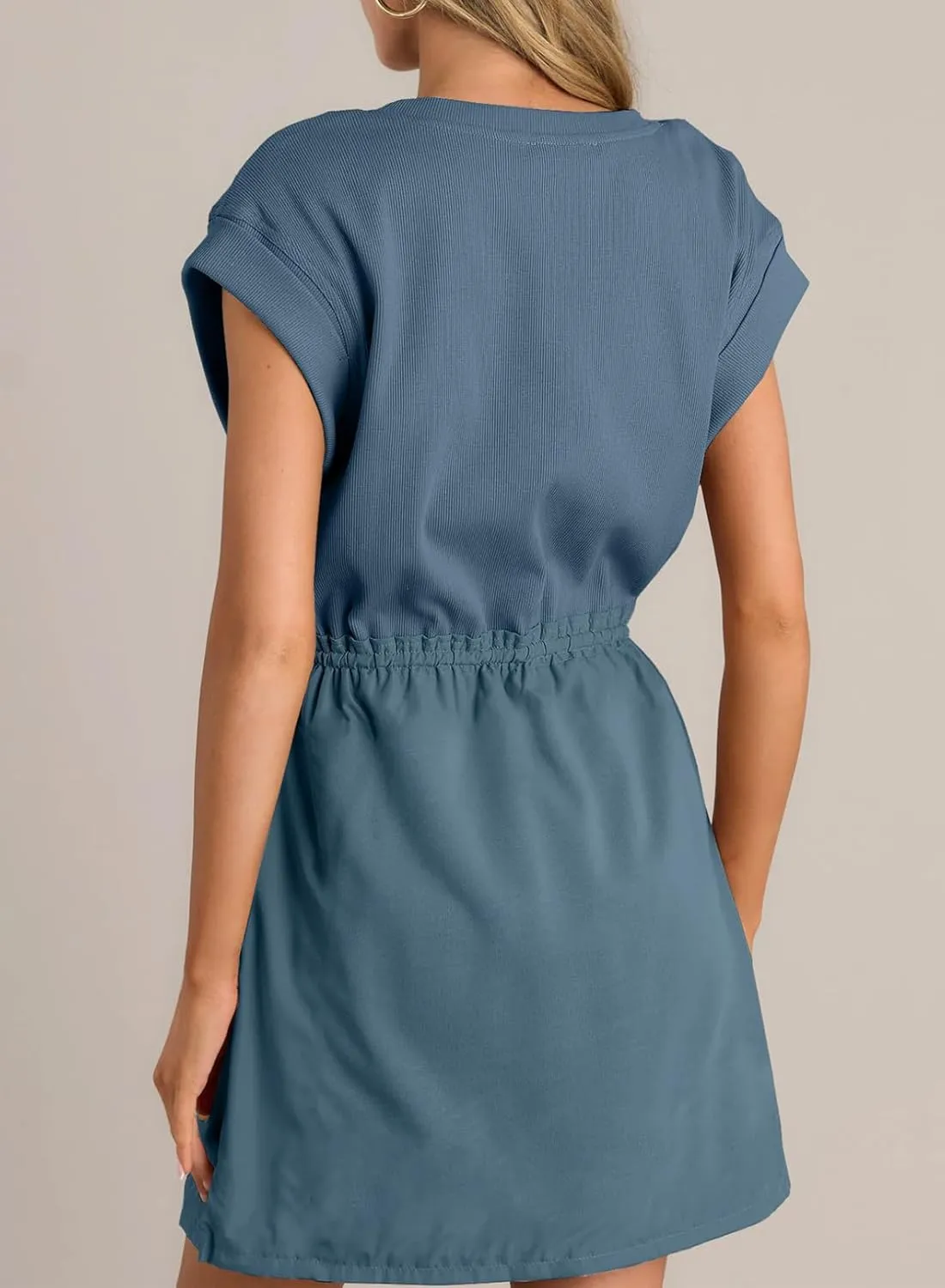BLENCOT Womens Casual Spring Summer Drawstring Mini Dress Knit Patch Color Short Sleeve Crewneck Shirt Dress with Pockets