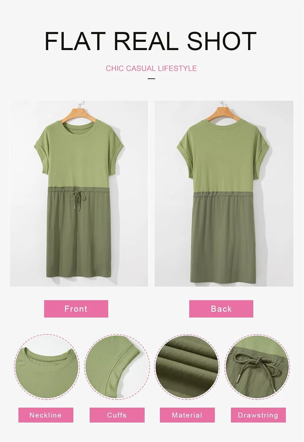 BLENCOT Womens Casual Spring Summer Drawstring Mini Dress Knit Patch Color Short Sleeve Crewneck Shirt Dress with Pockets