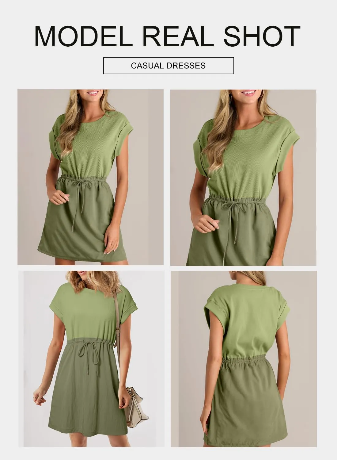 BLENCOT Womens Casual Spring Summer Drawstring Mini Dress Knit Patch Color Short Sleeve Crewneck Shirt Dress with Pockets