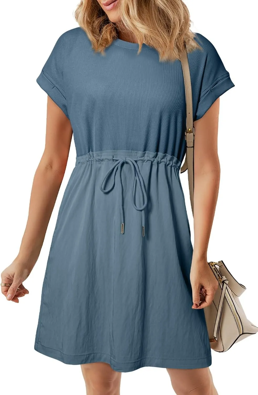 BLENCOT Womens Casual Spring Summer Drawstring Mini Dress Knit Patch Color Short Sleeve Crewneck Shirt Dress with Pockets