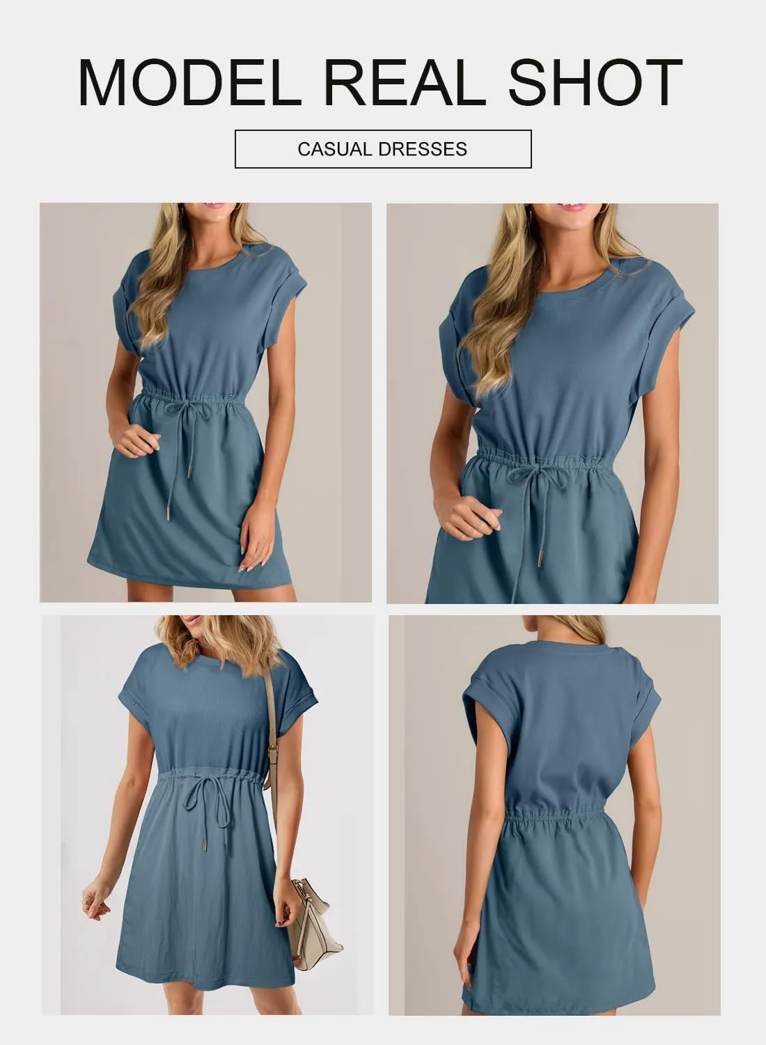 BLENCOT Womens Casual Spring Summer Drawstring Mini Dress Knit Patch Color Short Sleeve Crewneck Shirt Dress with Pockets
