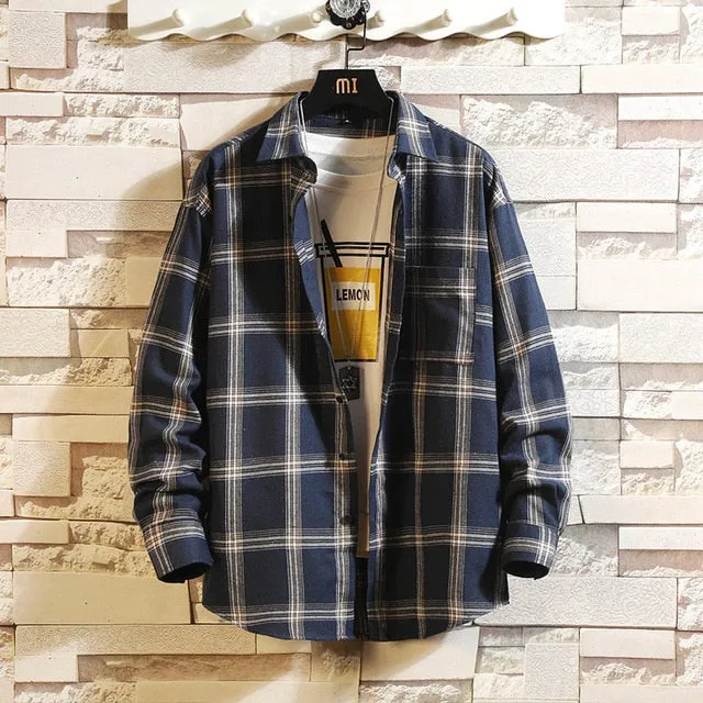 Casual Spring Autumn Plaid Shirt Men Long Sleeve High Quality 2019 Japan Style Loose Streetwear Plus Size M-5XL Clothes