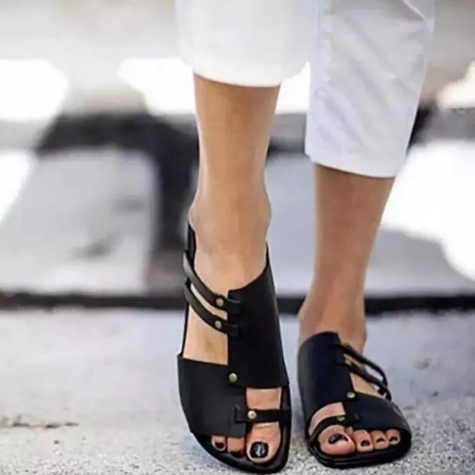 Chicvane Open Toe Flat Sandals Hollow Rivet Slides Shoes