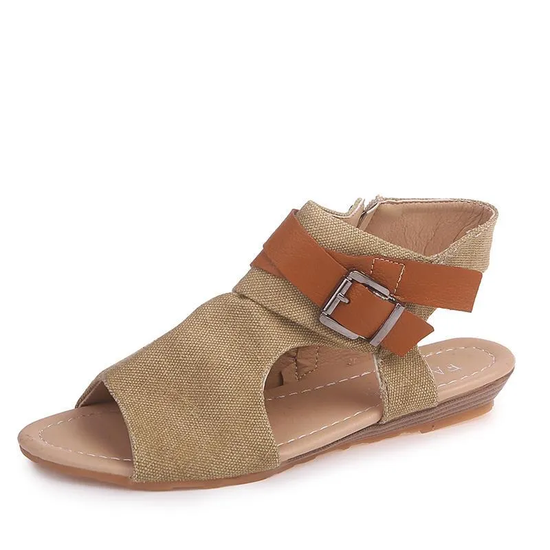 Chicvane Strappy Buckle Ankle Wrap Flat Sandals with Zipper