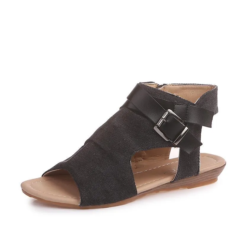 Chicvane Strappy Buckle Ankle Wrap Flat Sandals with Zipper