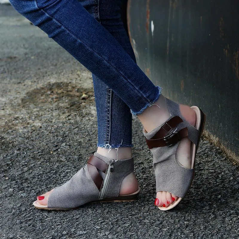 Chicvane Strappy Buckle Ankle Wrap Flat Sandals with Zipper