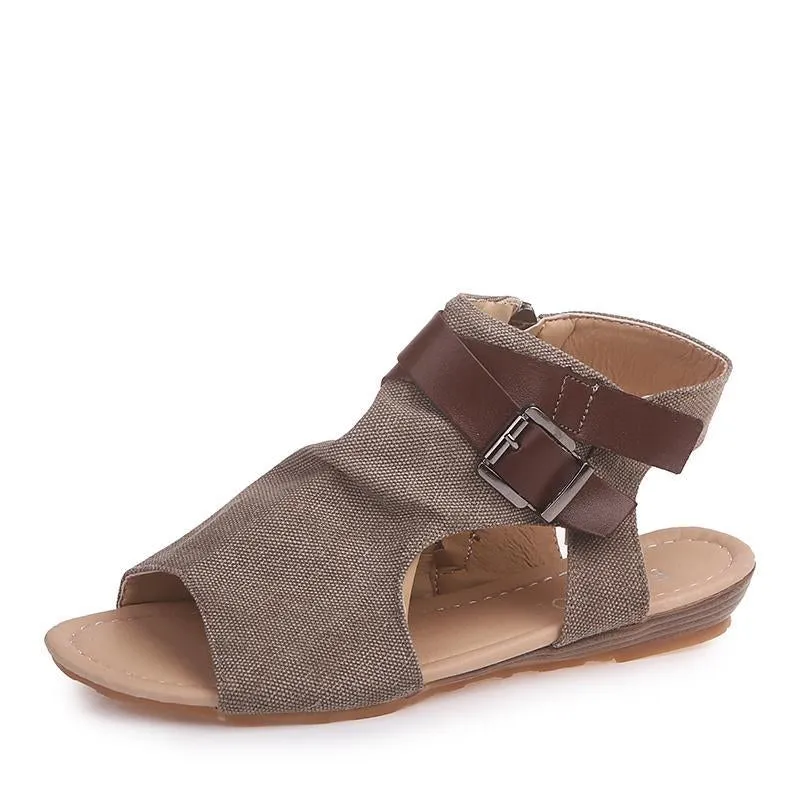 Chicvane Strappy Buckle Ankle Wrap Flat Sandals with Zipper