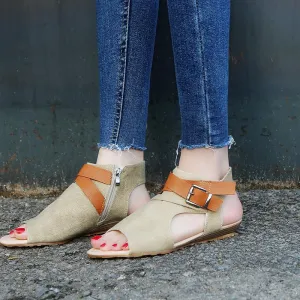 Chicvane Strappy Buckle Ankle Wrap Flat Sandals with Zipper