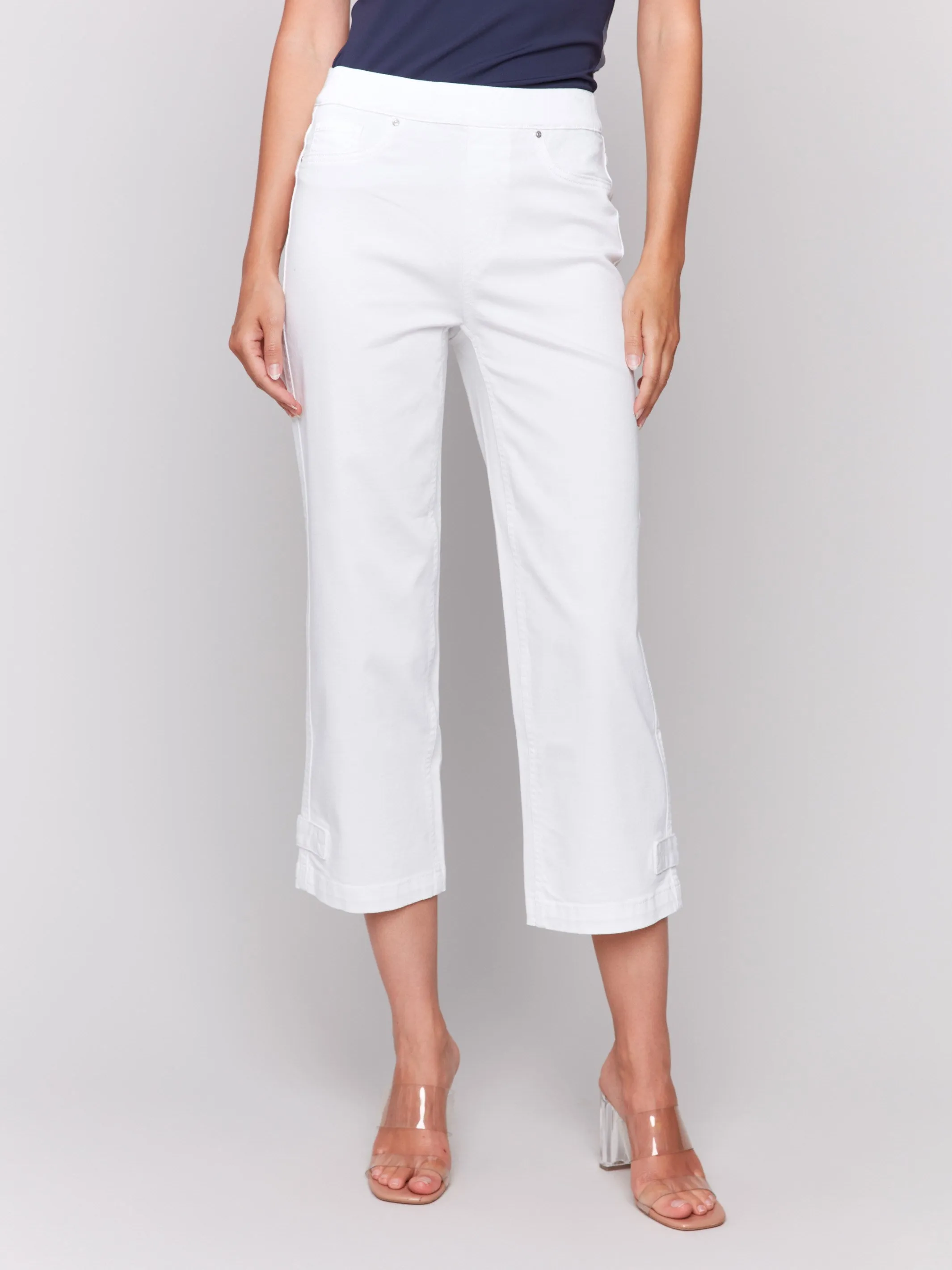 Cropped Pull-On Twill Pants with Hem Tab - White