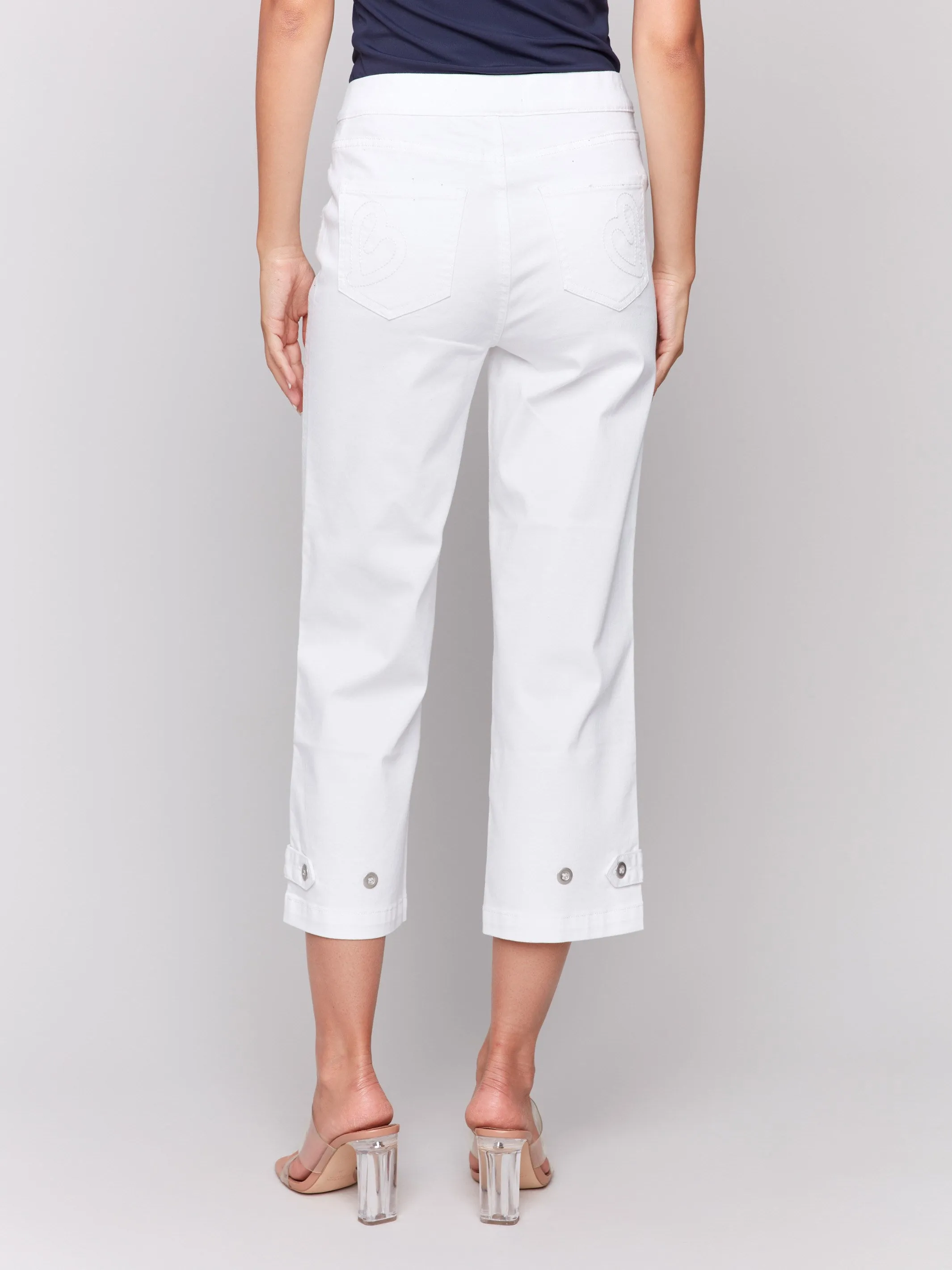 Cropped Pull-On Twill Pants with Hem Tab - White