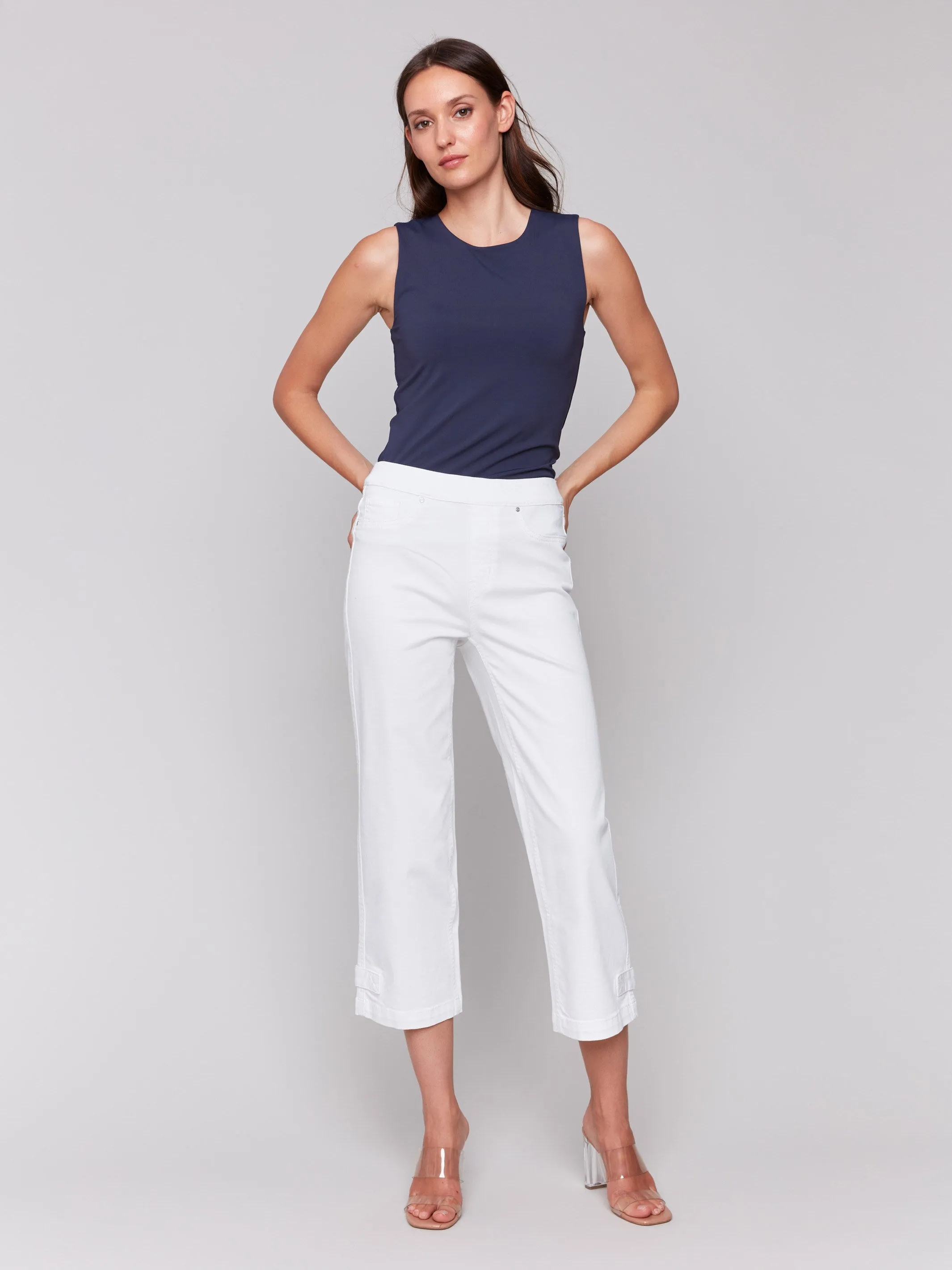 Cropped Pull-On Twill Pants with Hem Tab - White