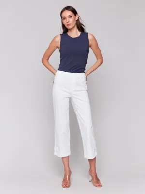 Cropped Pull-On Twill Pants with Hem Tab - White