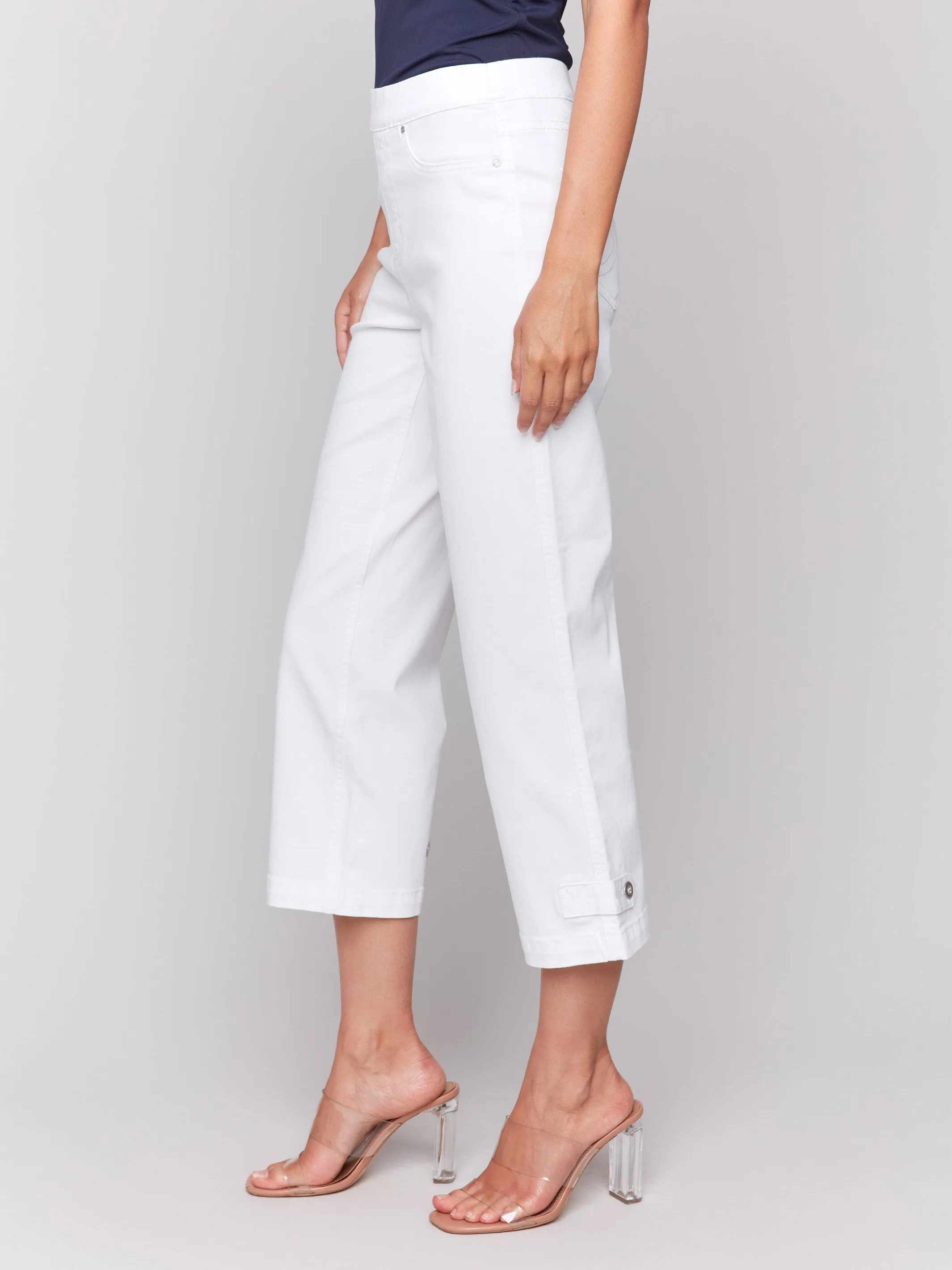 Cropped Pull-On Twill Pants with Hem Tab - White