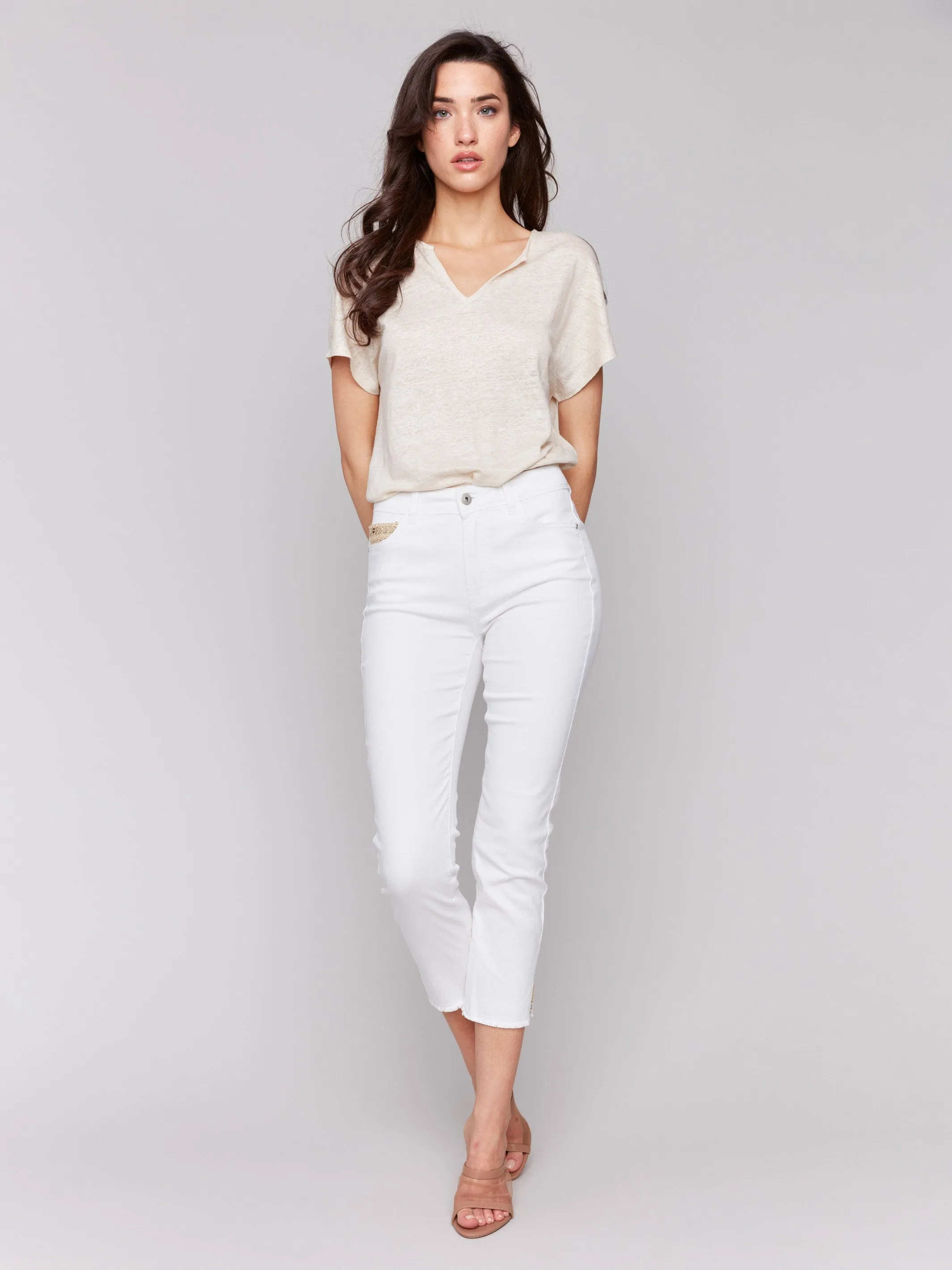 Cropped Twill Jeans with Sequin Coin Pocket Detail - White