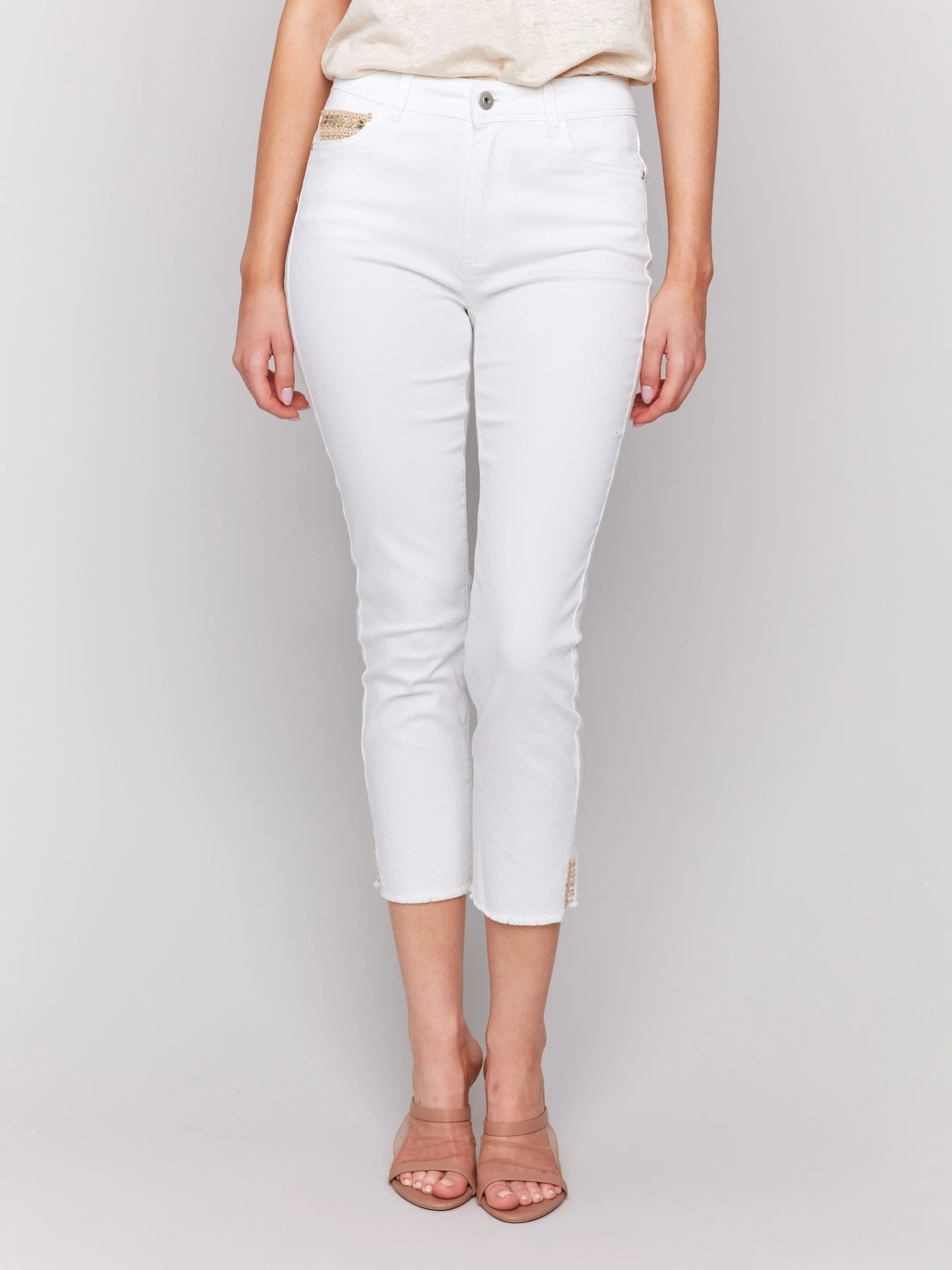 Cropped Twill Jeans with Sequin Coin Pocket Detail - White