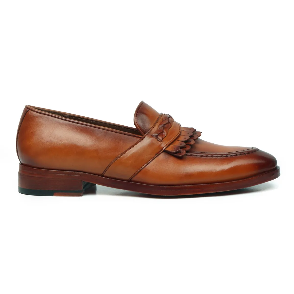 Dual Fringes Weaved Strip Slip-On Loafer in Tan Leather by Brune & Bareskin
