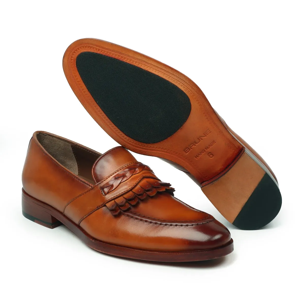 Dual Fringes Weaved Strip Slip-On Loafer in Tan Leather by Brune & Bareskin