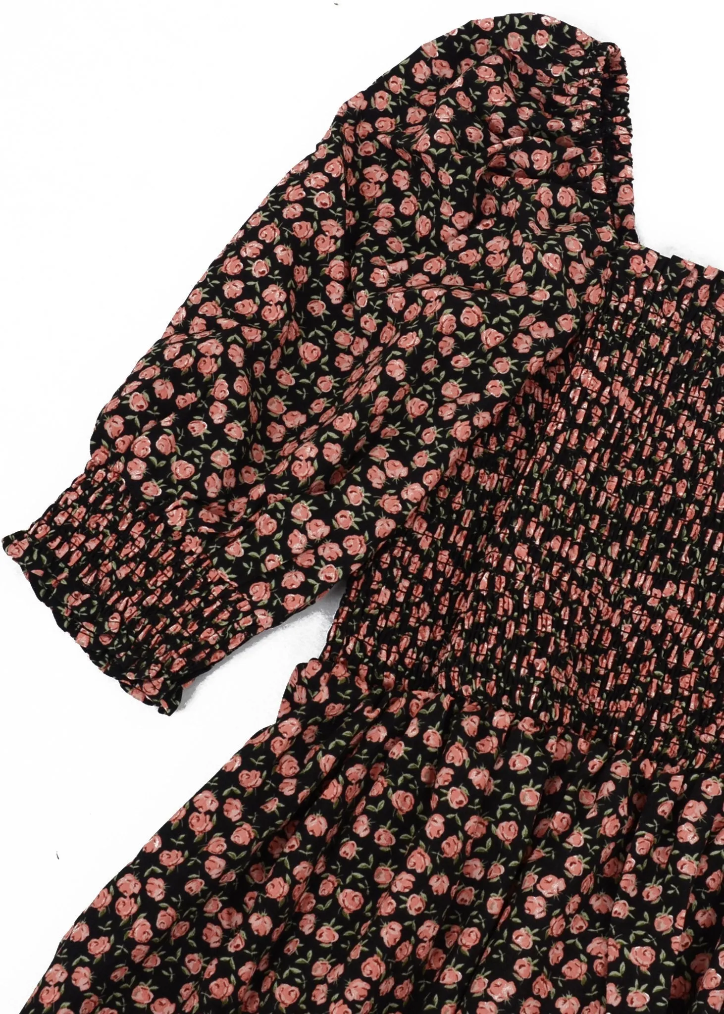 Floral Straight Neck Shirred Dress