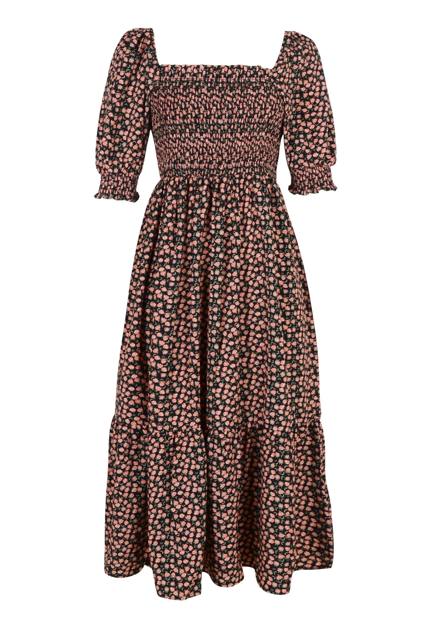 Floral Straight Neck Shirred Dress
