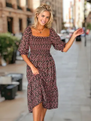 Floral Straight Neck Shirred Dress