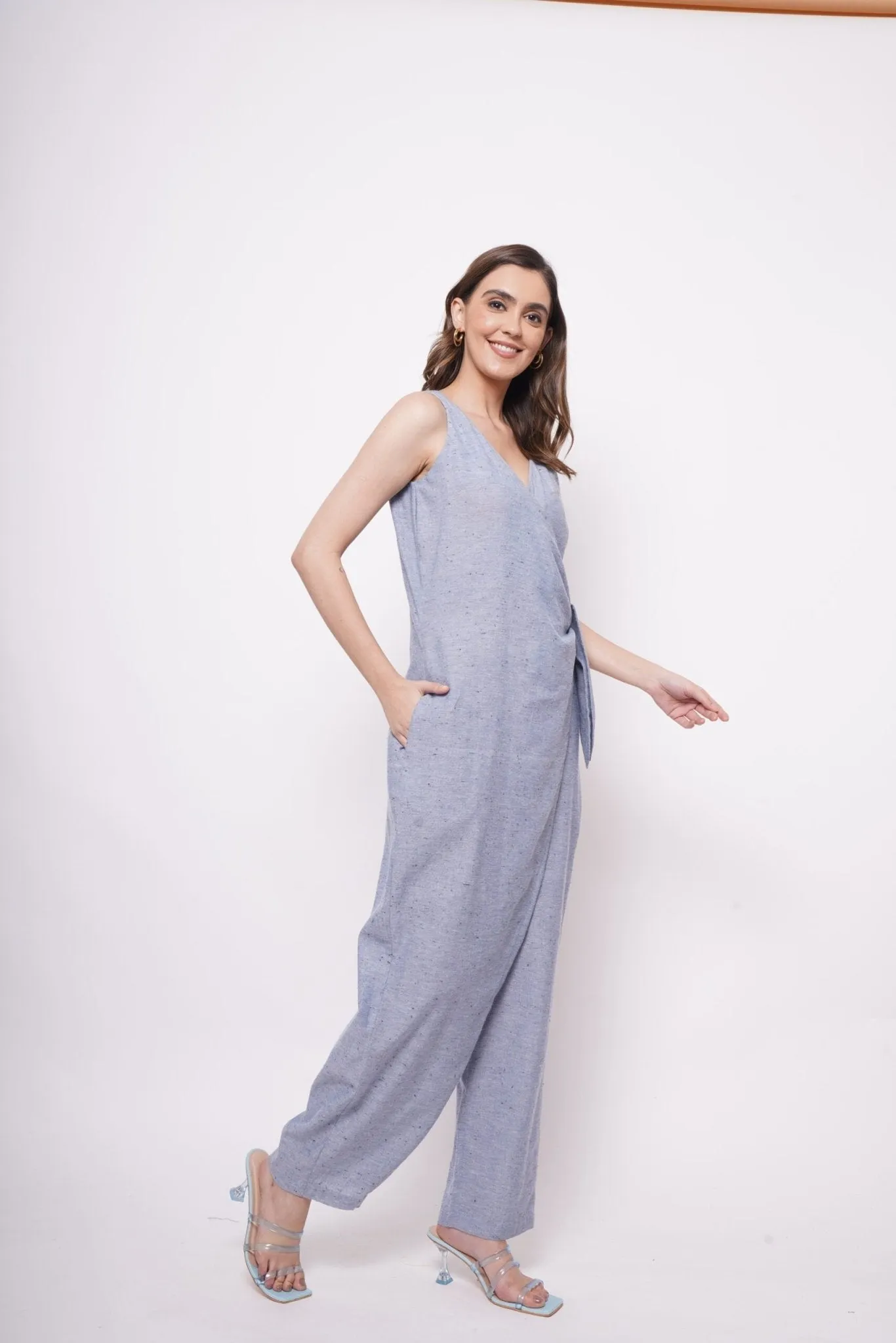 Formal Wear Side Knot Overlap Blue Jumpsuit
