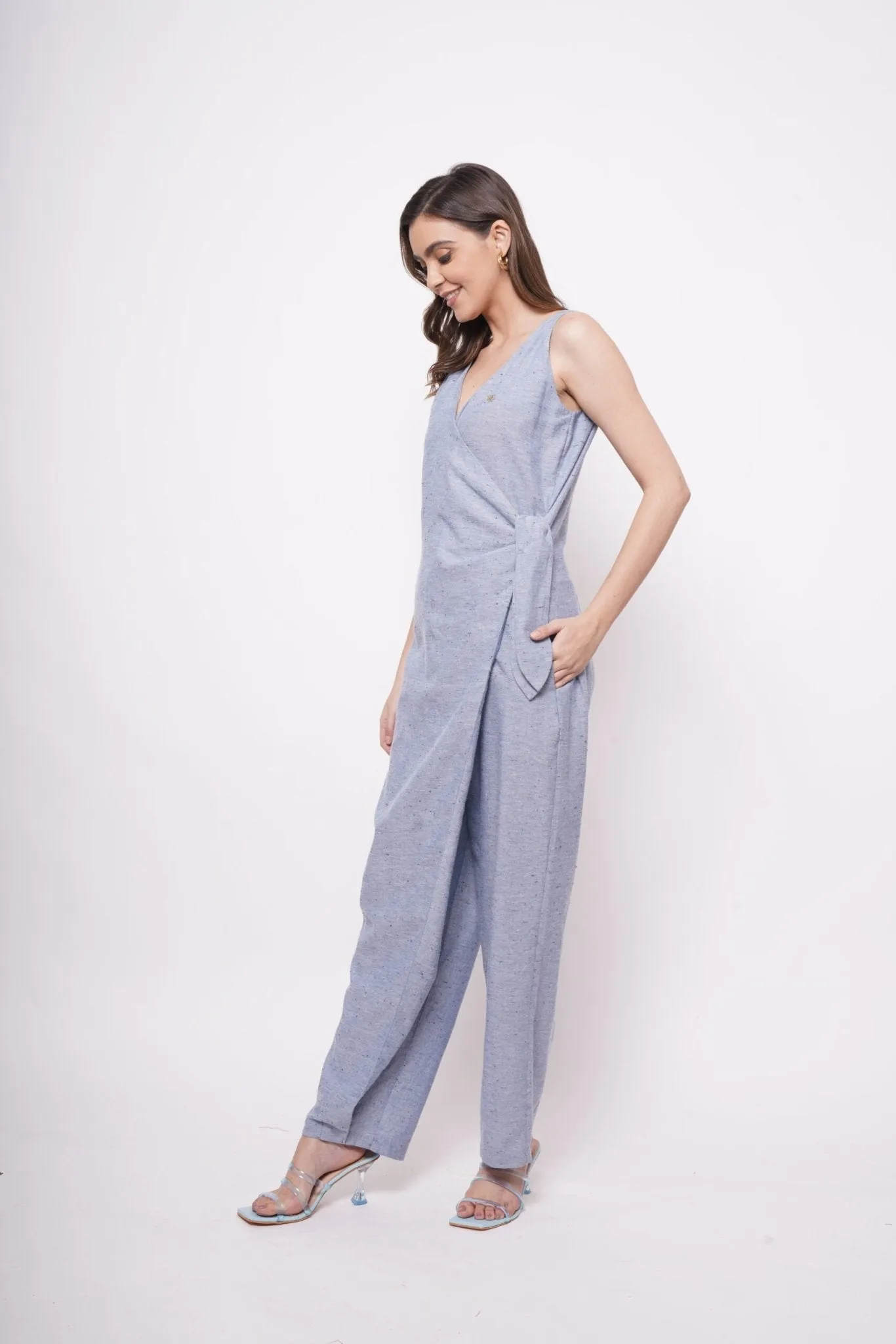 Formal Wear Side Knot Overlap Blue Jumpsuit