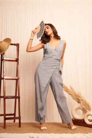 Formal Wear Side Knot Overlap Blue Jumpsuit