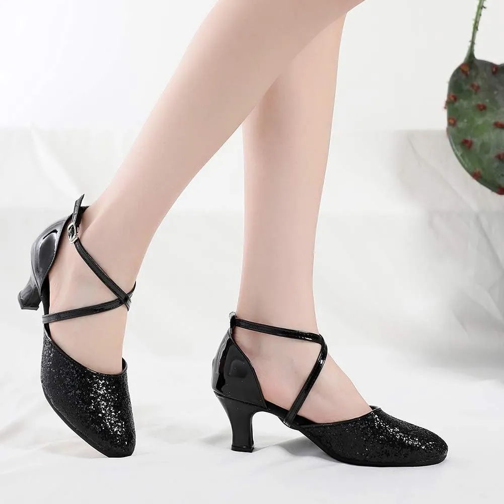 JUODVMP Closed Toe Ballroom Dance Shoes for Women Glitter Split Character Shoes Dancing Pumps