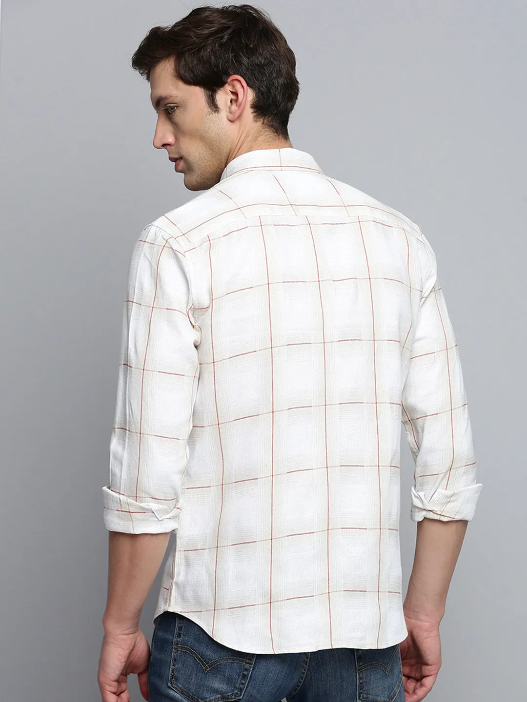 Men Beige Classic Windowpane Check Cotton Casual Shirt