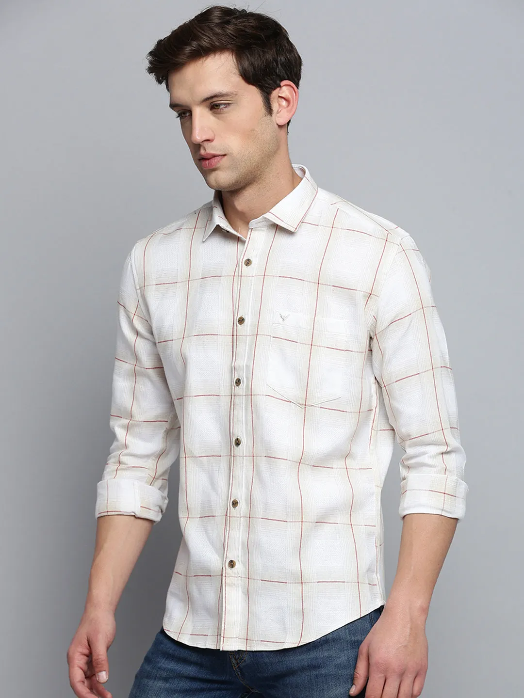 Men Beige Classic Windowpane Check Cotton Casual Shirt