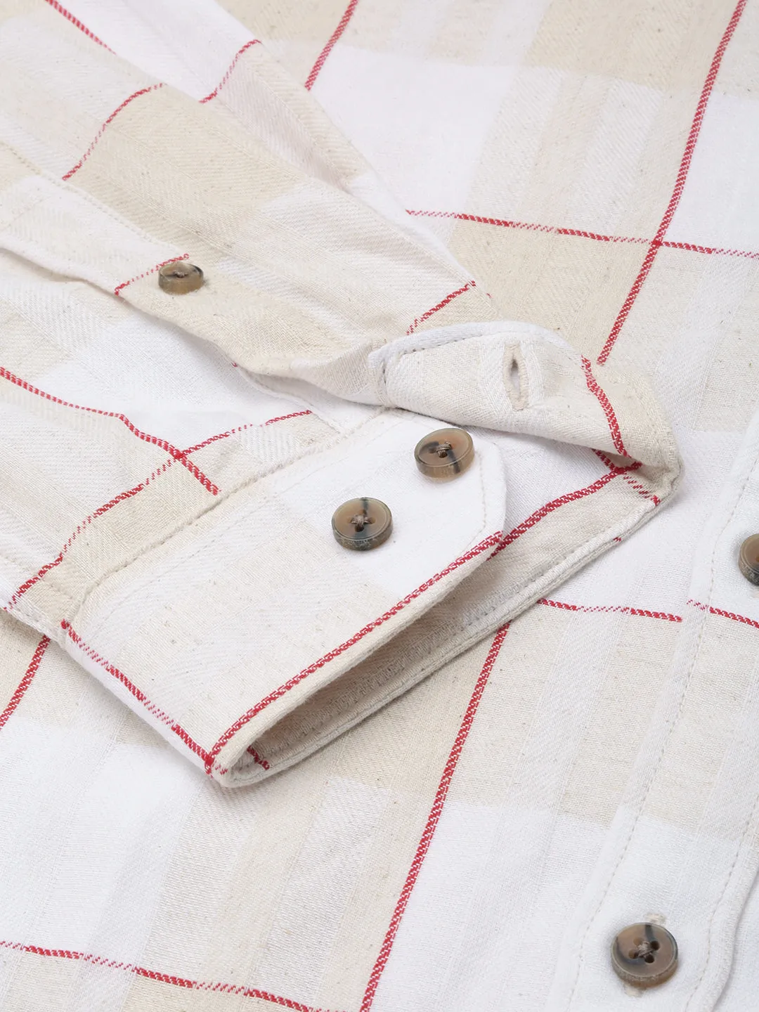 Men Beige Classic Windowpane Check Cotton Casual Shirt