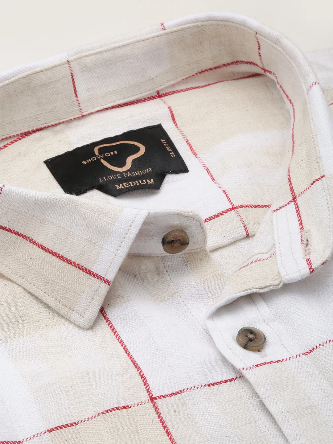 Men Beige Classic Windowpane Check Cotton Casual Shirt