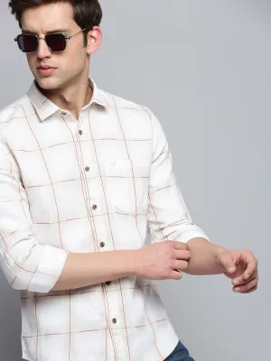 Men Beige Classic Windowpane Check Cotton Casual Shirt