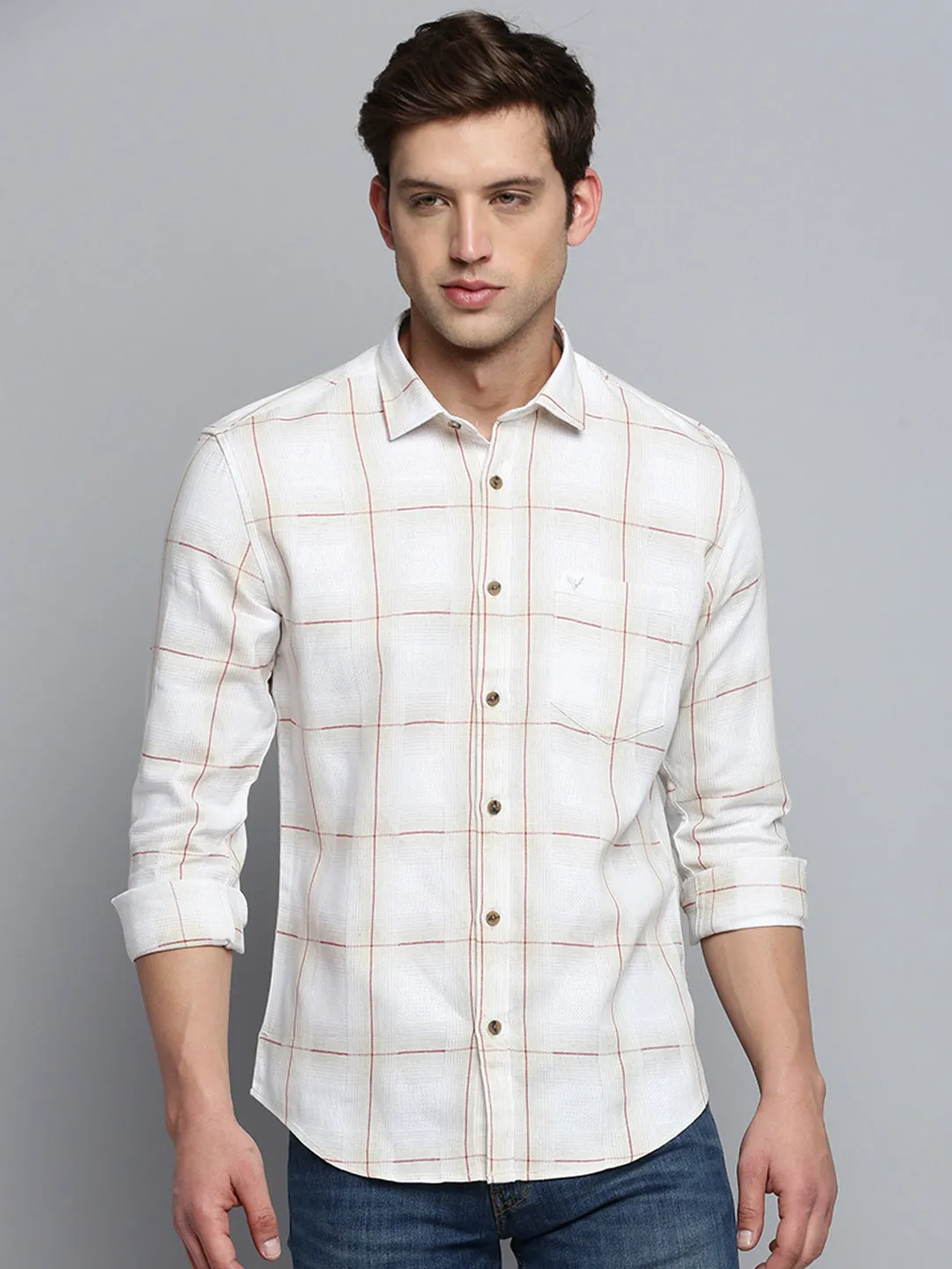 Men Beige Classic Windowpane Check Cotton Casual Shirt