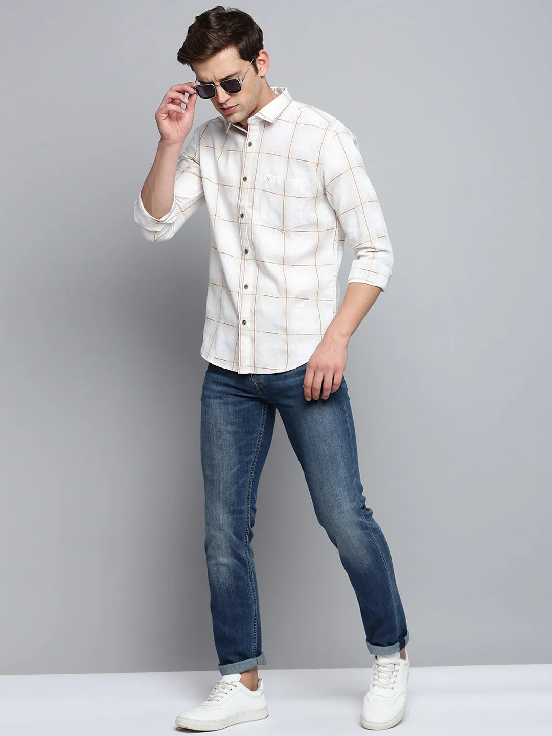 Men Beige Classic Windowpane Check Cotton Casual Shirt