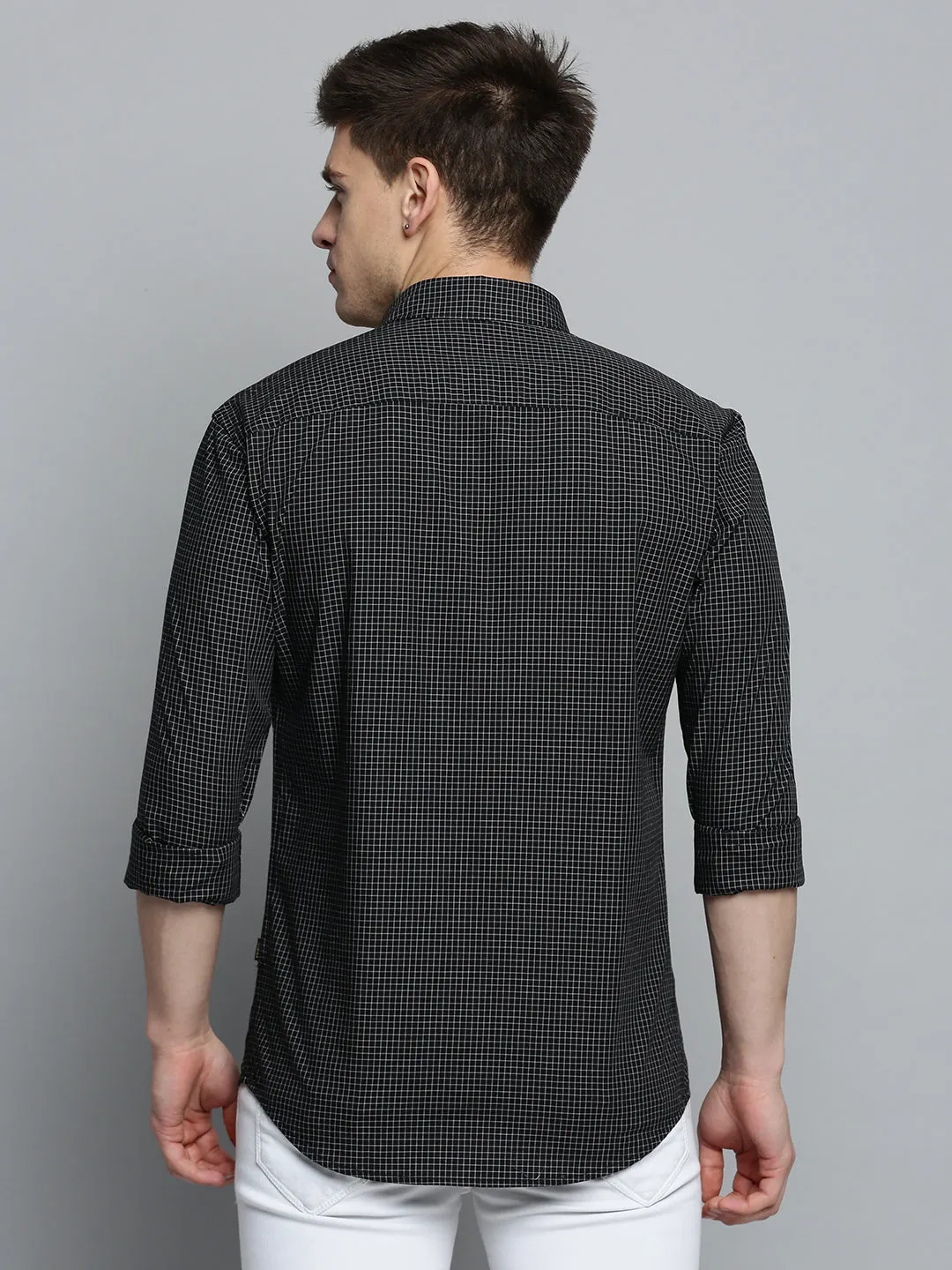 Men Black Comfort Micro Checked Casual Cotton Shirt
