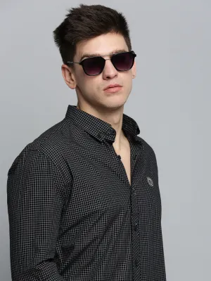 Men Black Comfort Micro Checked Casual Cotton Shirt