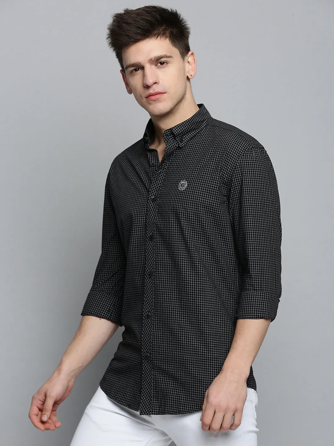 Men Black Comfort Micro Checked Casual Cotton Shirt