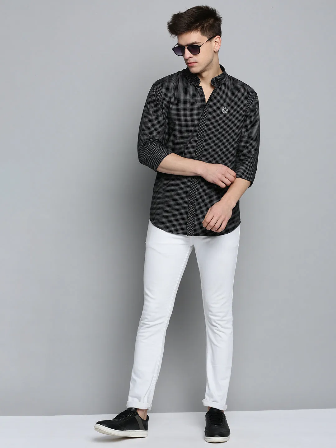 Men Black Comfort Micro Checked Casual Cotton Shirt