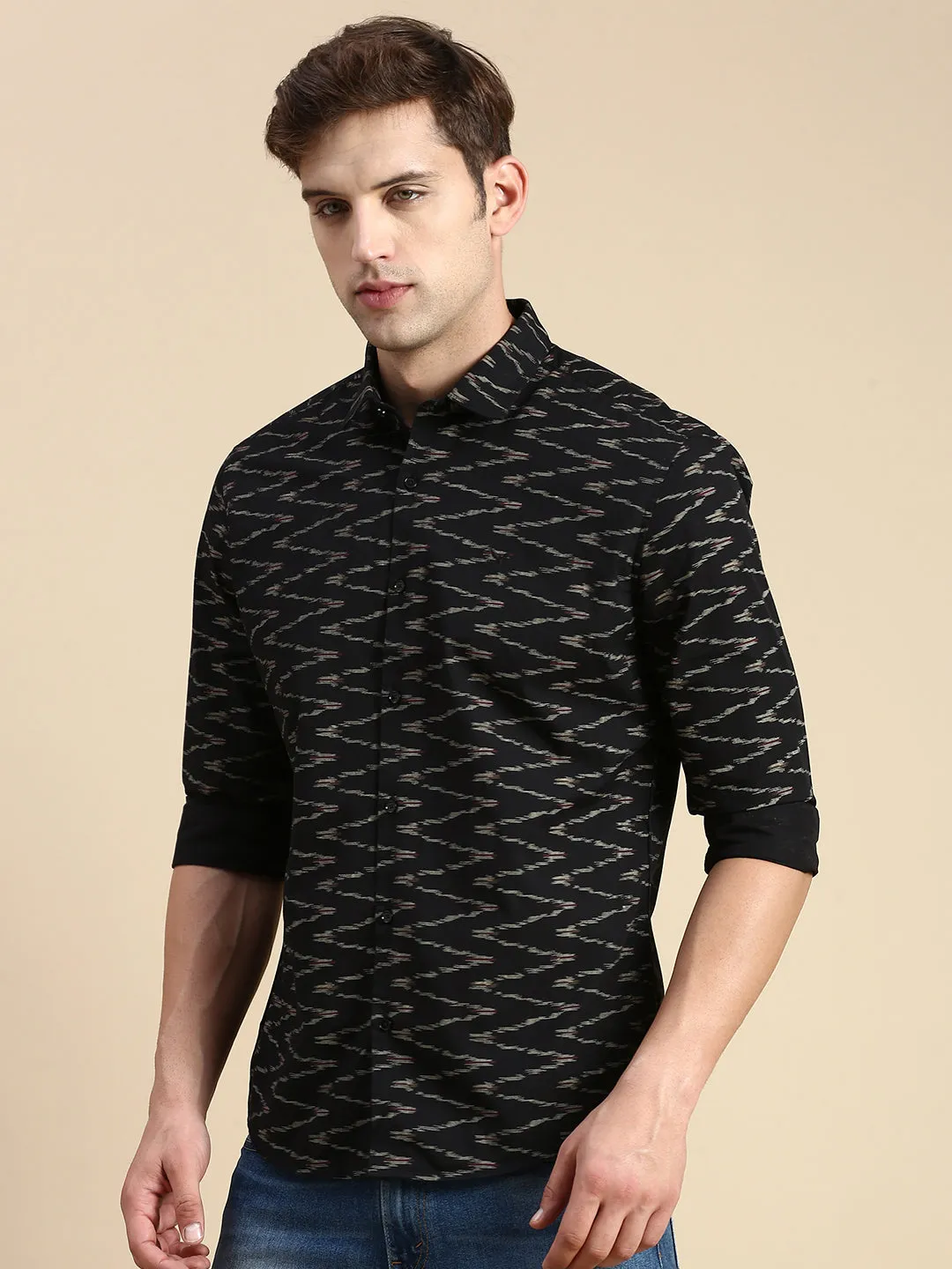 Men Black Comfort Slim Fit Abstract Printed Cotton Casual Shirt
