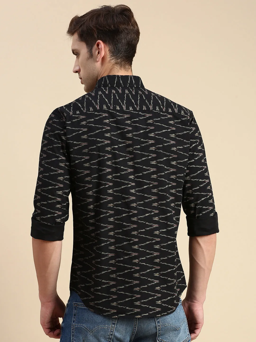Men Black Comfort Slim Fit Abstract Printed Cotton Casual Shirt