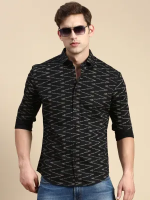 Men Black Comfort Slim Fit Abstract Printed Cotton Casual Shirt